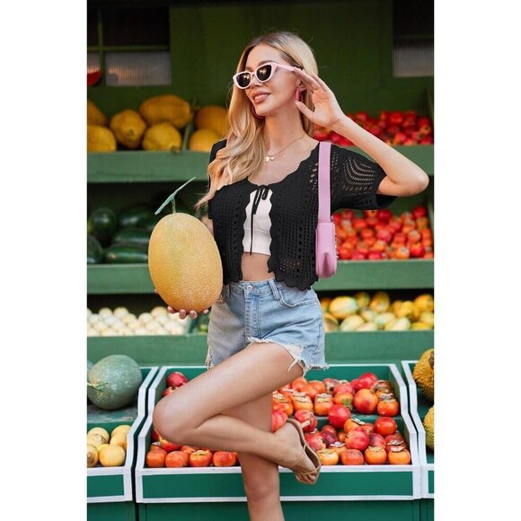 ❤️Women's Black Summer Sweater Cardigan Short Sleeve Beach Shrug Dresses  Women - Picture 4 of 7